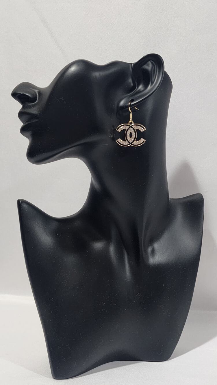 Chanel CC Logo Gold Rhinestone Charm Dangle French Hook Earrings